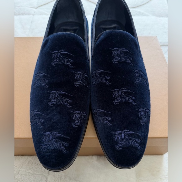 NEW! $1150 Burberry EKD Embroidered Velvet Twilight Navy Smoking Loafer 12